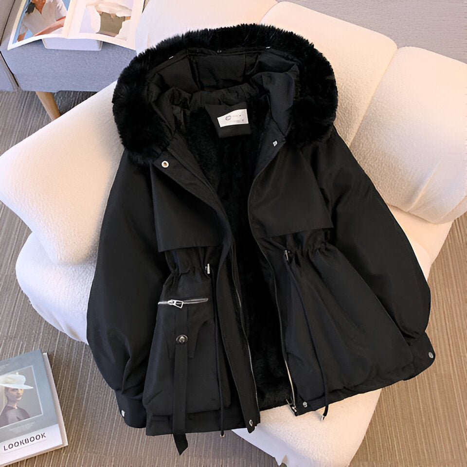 Women’s Short Quilted Jacket – Faux Fur Hooded Coat with Drawstring Waist