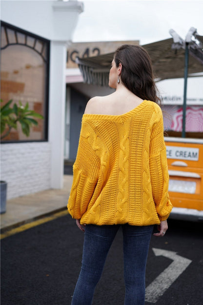 Women’s Off-Shoulder Cable-Knit Sweater – Relaxed V-Neck Pullover for Cosy Seasonal Styling