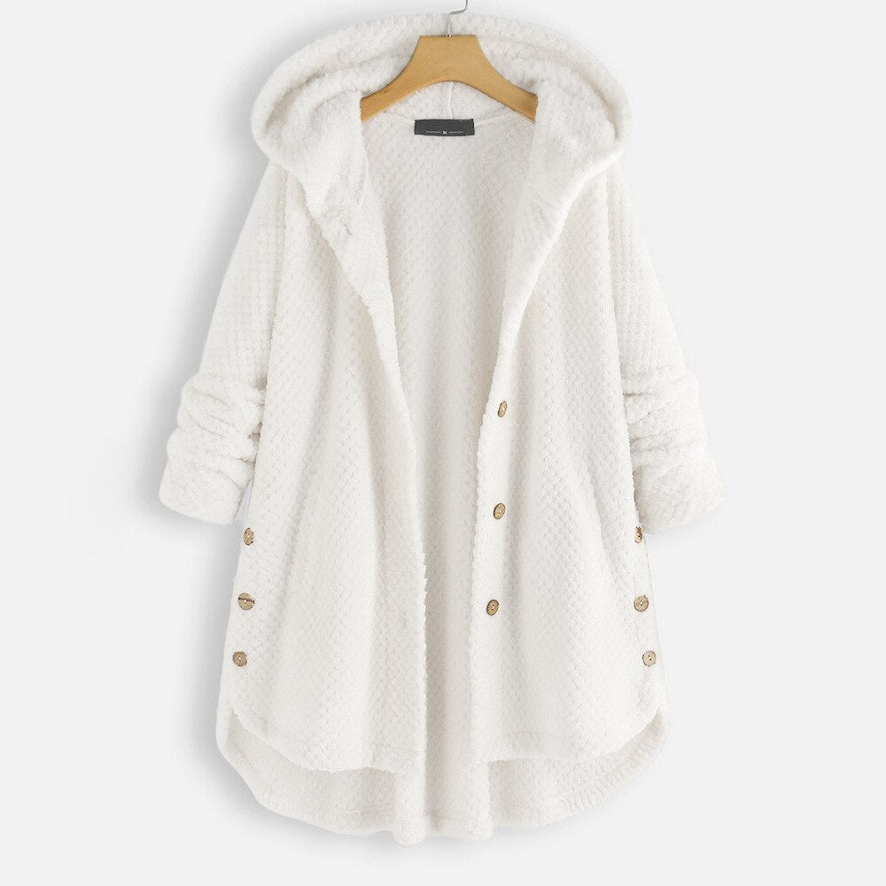 Women’s Oversized Hooded Teddy Jacket – Soft Button-Front Longline Winter Layer