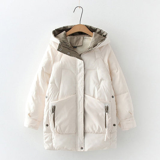 Women’s Mid-Length Hooded Puffer Jacket – Relaxed Insulated Coat with Contrast-Lined Hood and Oversized Zip Pockets