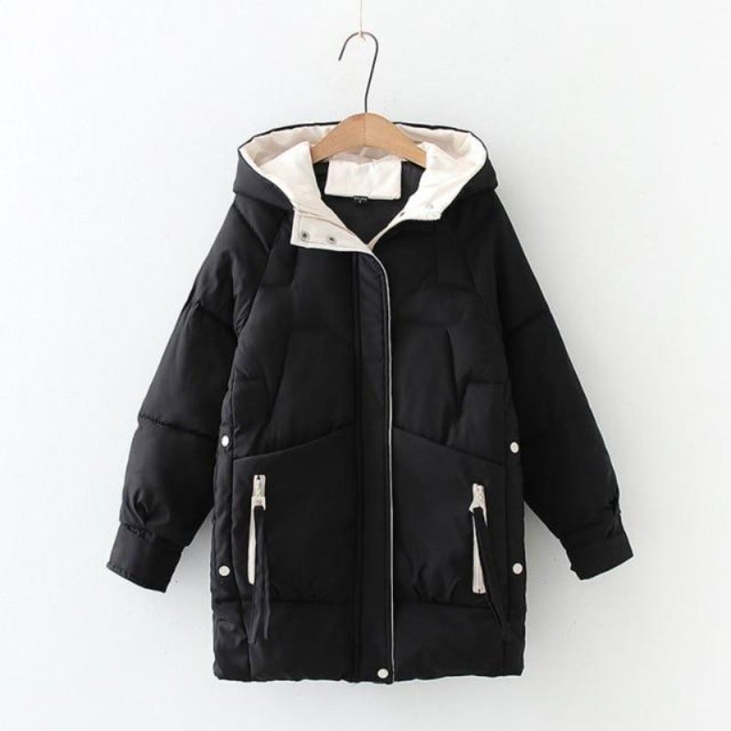 Women’s Mid-Length Hooded Puffer Jacket – Relaxed Insulated Coat with Contrast-Lined Hood and Oversized Zip Pockets