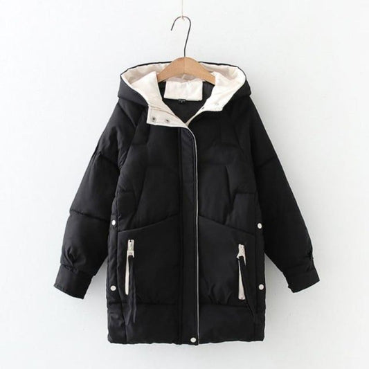 Women’s Mid-Length Hooded Puffer Jacket – Relaxed Insulated Coat with Contrast-Lined Hood and Oversized Zip Pockets