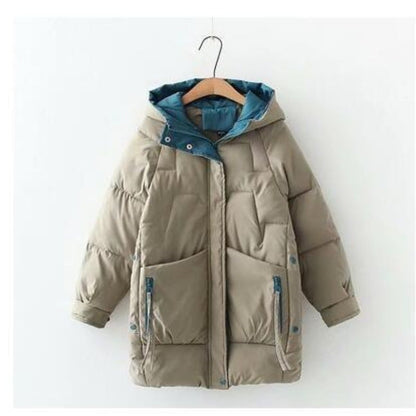 Women’s Mid-Length Hooded Puffer Jacket – Relaxed Insulated Coat with Contrast-Lined Hood and Oversized Zip Pockets