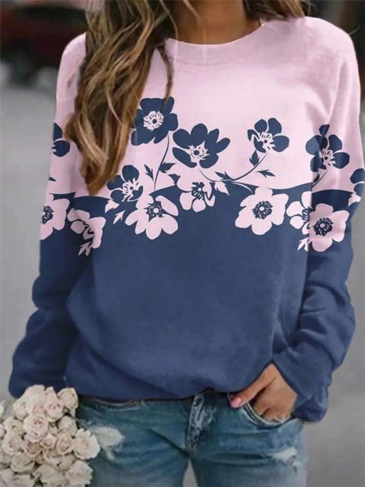 Women’s Floral Colour-Block Sweatshirt – Fitted Crew-Neck Pullover for Casual Everyday Styling