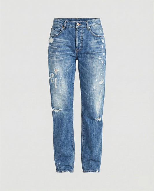 Women’s Distressed Straight-Leg Jeans – Mid-Rise Denim Trousers with Ripped Details for Casual Everyday Wear