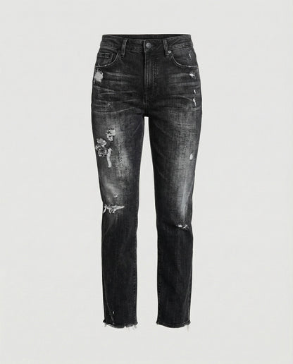 Women’s Distressed Straight-Leg Jeans – Mid-Rise Denim Trousers with Ripped Details for Casual Everyday Wear