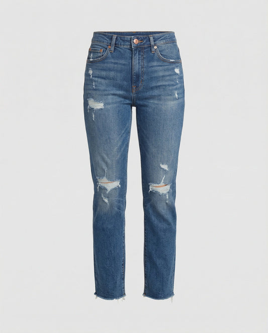 Women’s Distressed Straight-Leg Jeans – Mid-Rise Denim Trousers with Ripped Details for Casual Everyday Wear