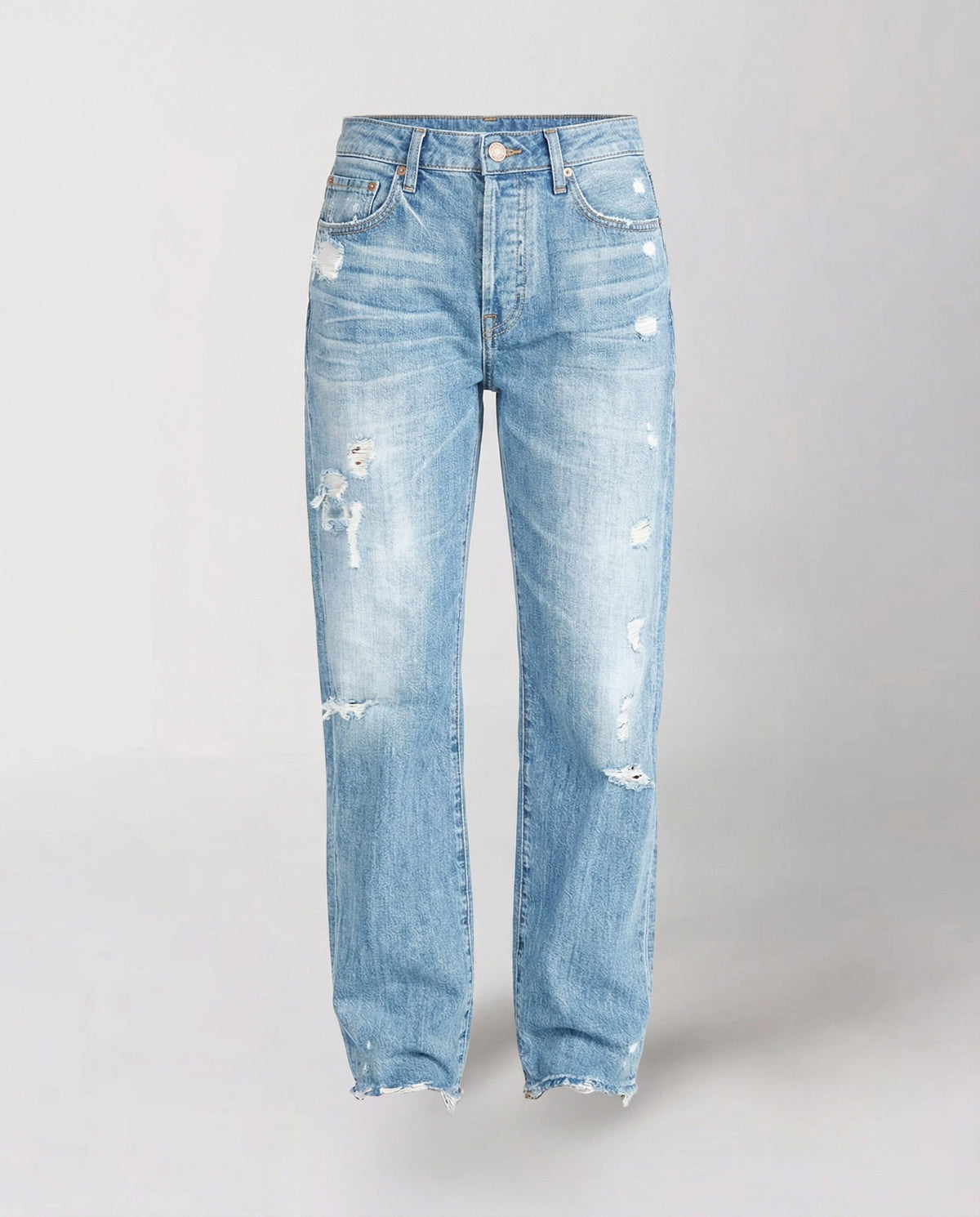 Women’s Distressed Straight-Leg Jeans – Mid-Rise Denim Trousers with Ripped Details for Casual Everyday Wear