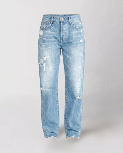 Women’s Distressed Straight-Leg Jeans – Mid-Rise Denim Trousers with Ripped Details for Casual Everyday Wear