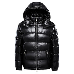 Men’s Glossy Hooded Puffer Jacket – Warm Quilted Winter Outerwear for Cold Days