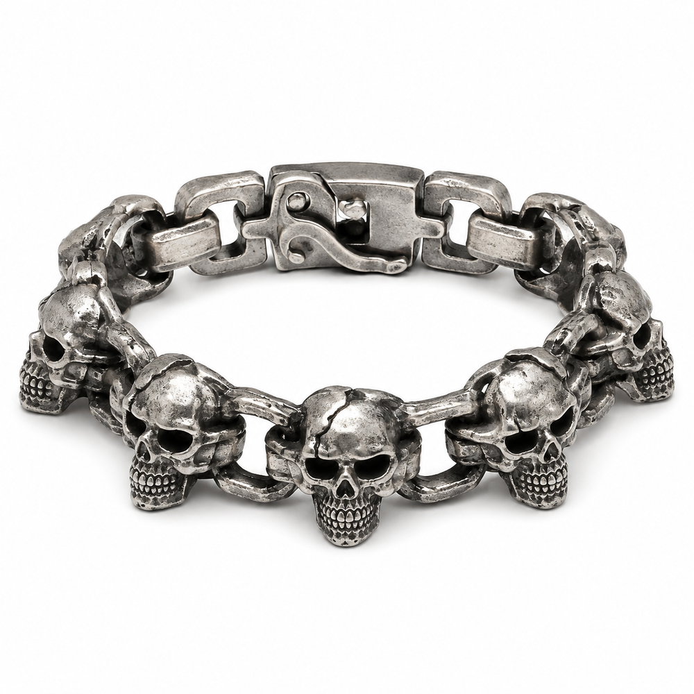 Men's ancient silver skull bracelet on white