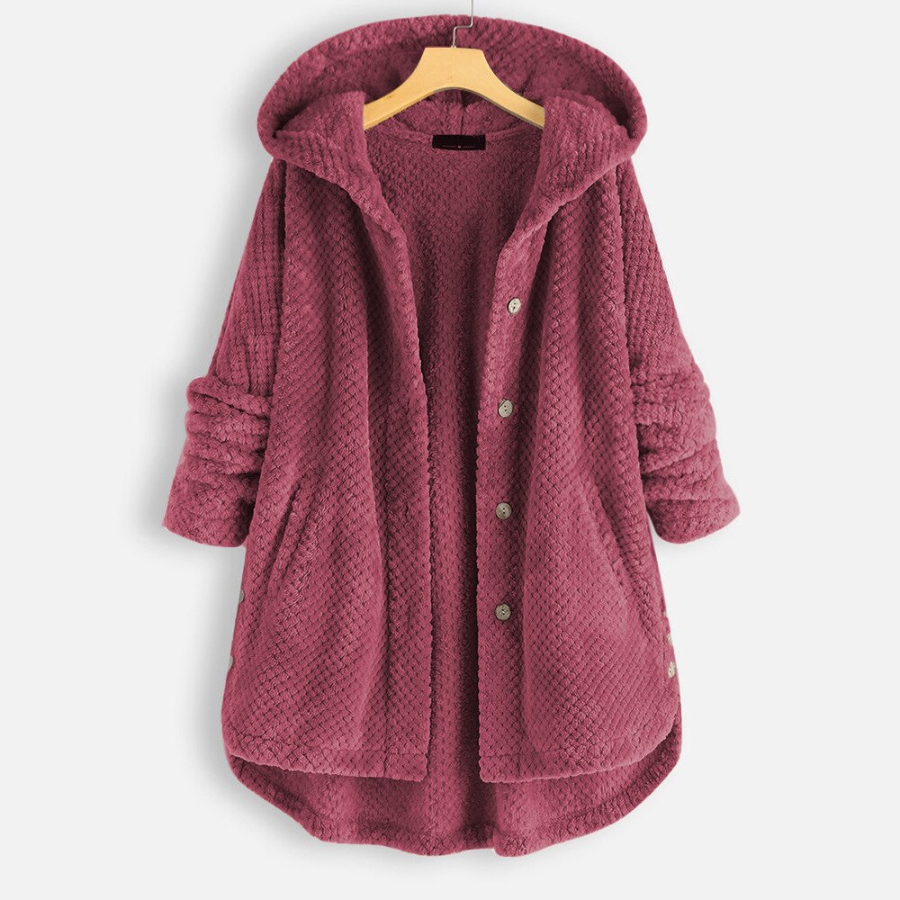 Women’s Oversized Hooded Teddy Jacket – Soft Button-Front Longline Winter Layer