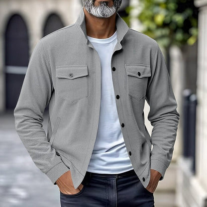 Men’s Ribbed Overshirt Jacket – Stand-Collar Button-Front Layer with Flap Chest Pockets for Casual Transitional Wear