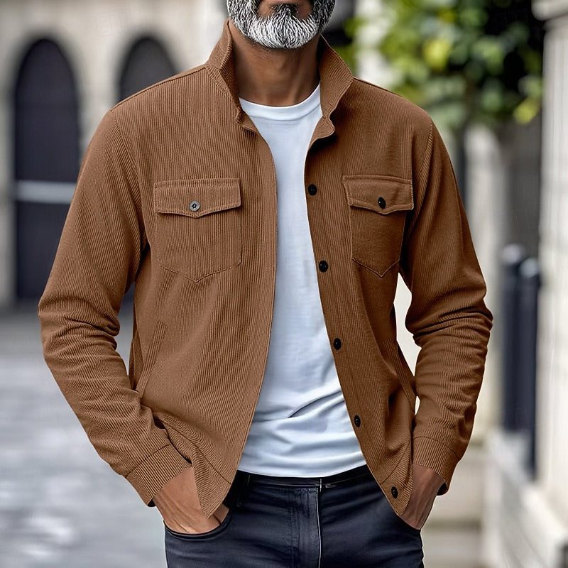Men’s Ribbed Overshirt Jacket – Stand-Collar Button-Front Layer with Flap Chest Pockets for Casual Transitional Wear