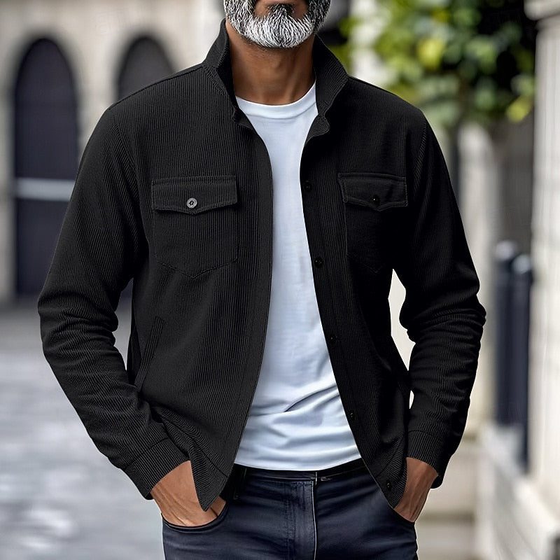Men’s Ribbed Overshirt Jacket – Stand-Collar Button-Front Layer with Flap Chest Pockets for Casual Transitional Wear