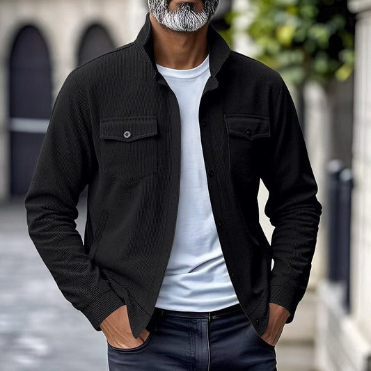 Men’s Ribbed Overshirt Jacket – Stand-Collar Button-Front Layer with Flap Chest Pockets for Casual Transitional Wear