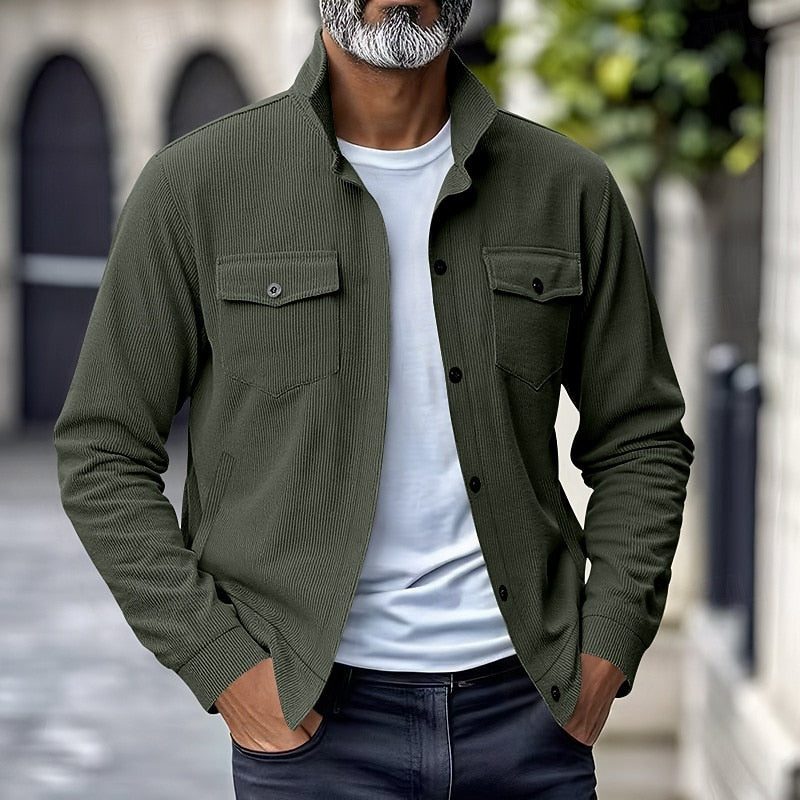 Men’s Ribbed Overshirt Jacket – Stand-Collar Button-Front Layer with Flap Chest Pockets for Casual Transitional Wear