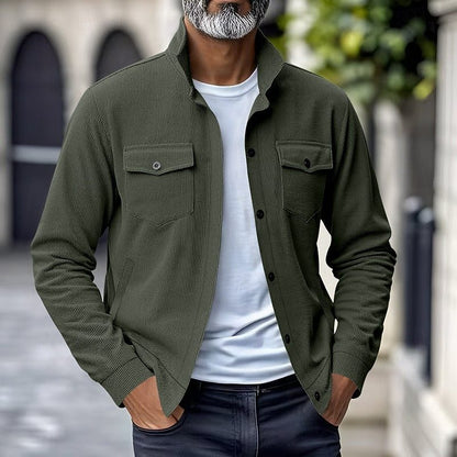 Men’s Ribbed Overshirt Jacket – Stand-Collar Button-Front Layer with Flap Chest Pockets for Casual Transitional Wear
