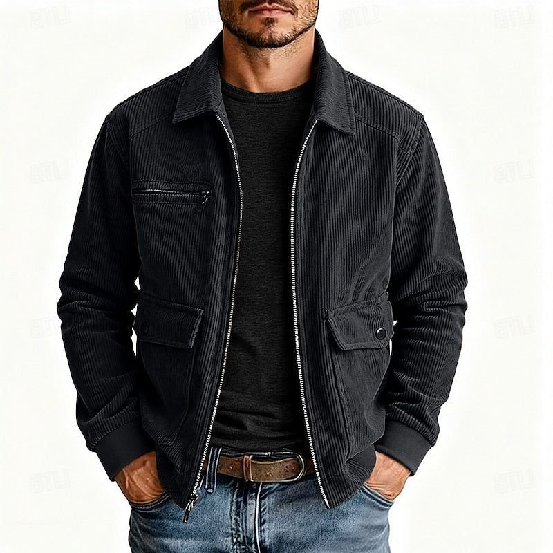 Men’s Corduroy Utility Jacket – Full-Zip Shirt-Collar Layer with Flap Pockets for Casual Transitional Wear
