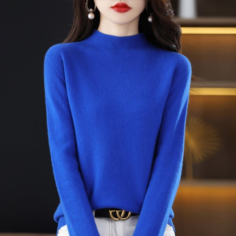 Women’s Fine-Knit Mock-Neck Sweater – Long-Sleeve Pullover with Ribbed Trims for Everyday Layering
