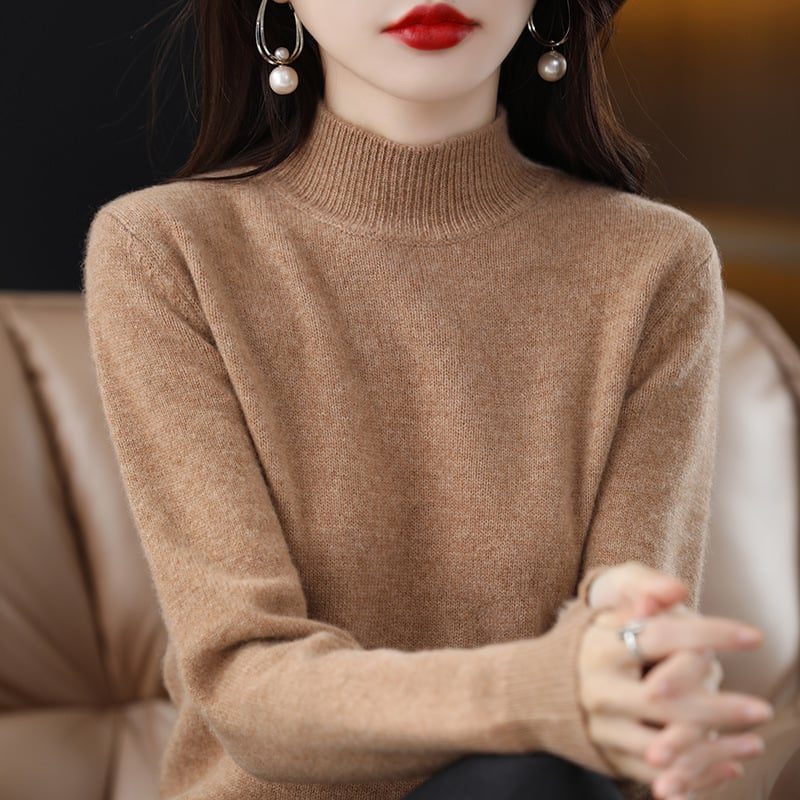 Women’s Fine-Knit Mock-Neck Sweater – Long-Sleeve Pullover with Ribbed Trims for Everyday Layering
