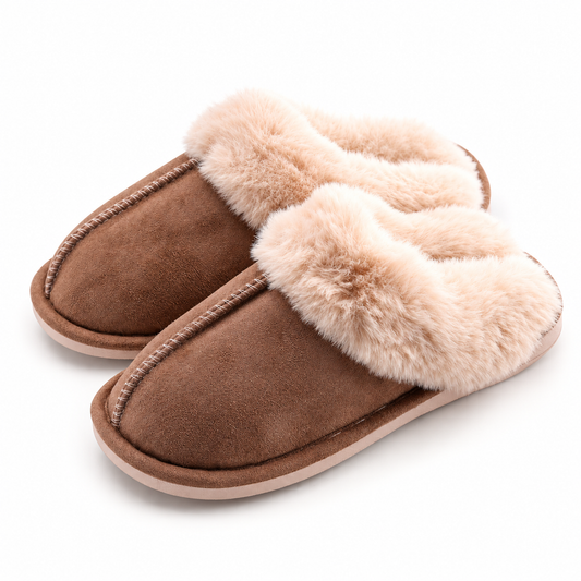 Brown studio view of Women's Faux-Fur-Trim Backless Slippers