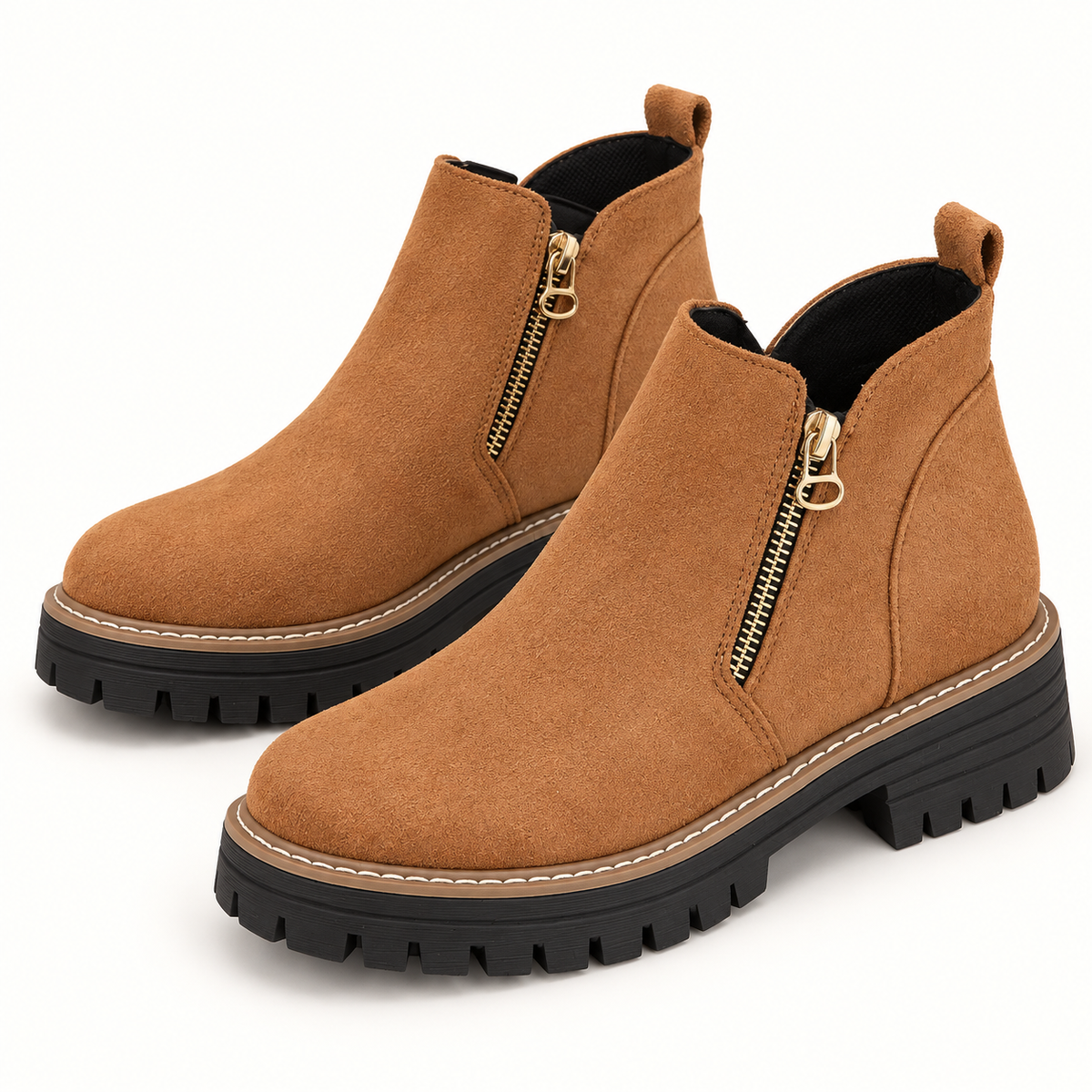 Brown studio view of Women's Suede-Look Side-Zip Ankle Boots