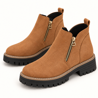 Brown studio view of Women's Suede-Look Side-Zip Ankle Boots