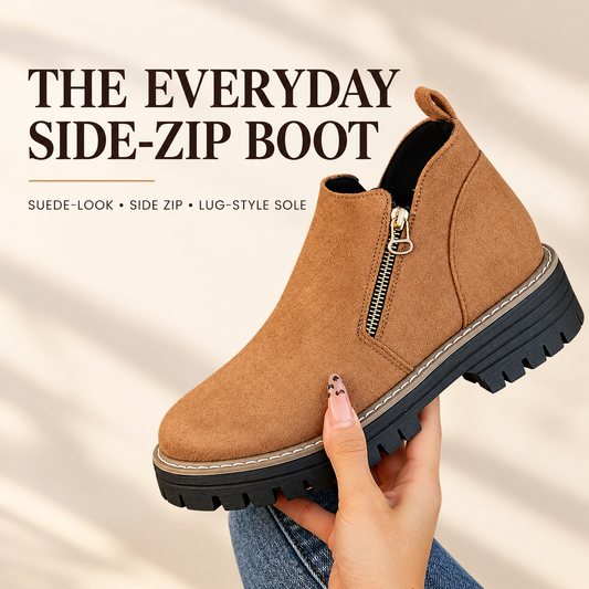 Tan side-zip ankle boot feature view with suede-look upper and lug-style sole