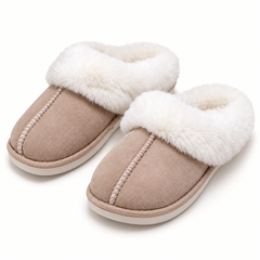 Beige studio view of Women's Faux-Fur-Collar House Slippers