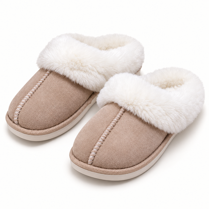 Beige studio view of Women's Faux-Fur-Collar House Slippers