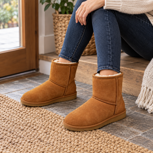Chestnut lifestyle view of Women's Faux-Fur-Trim Short Winter Boots