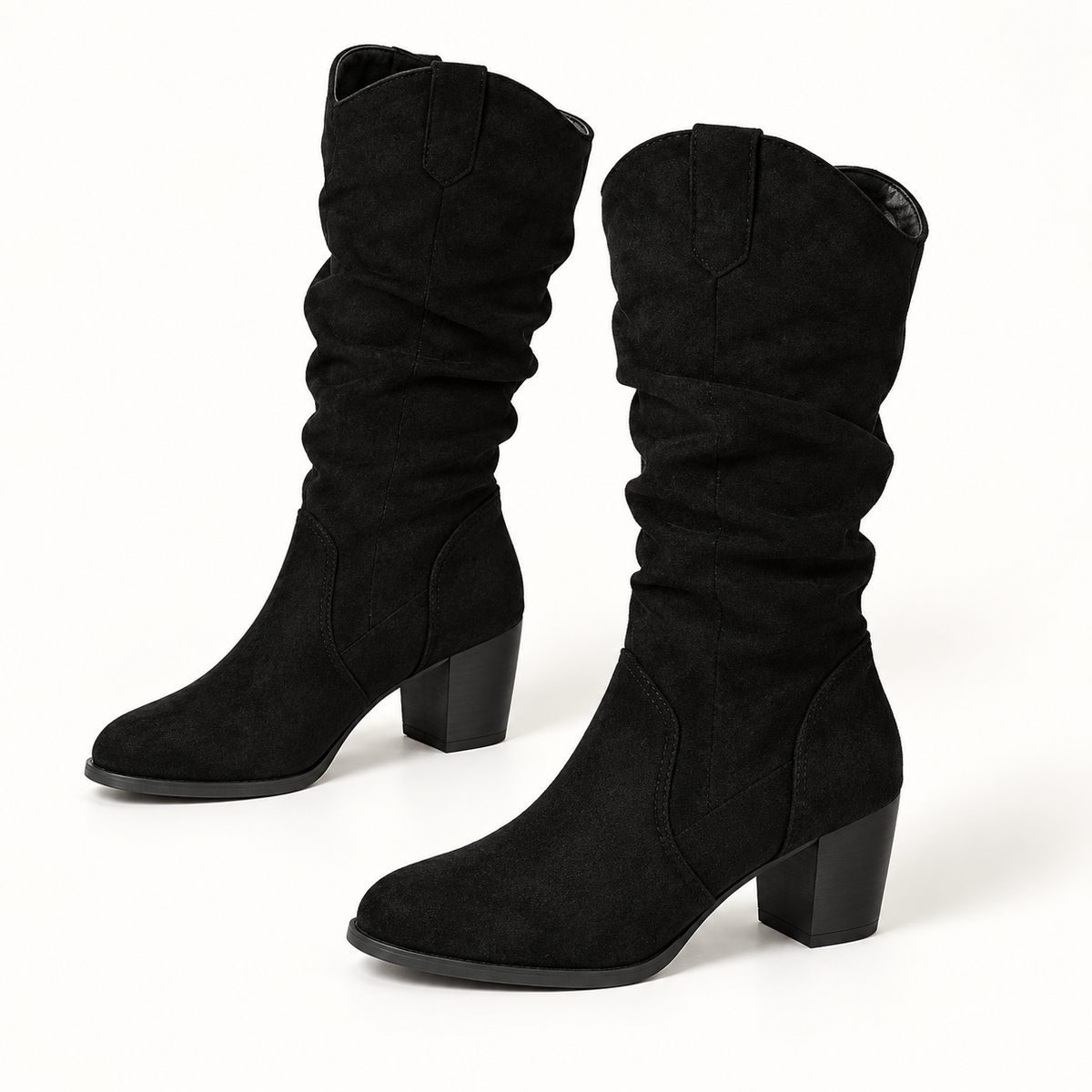 Black studio view of Women's Suede-Look Chunky Knee-High Boots