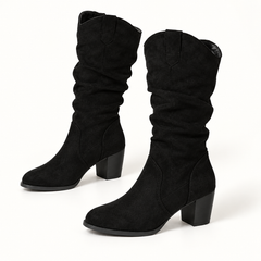 Black studio view of Women's Suede-Look Chunky Knee-High Boots