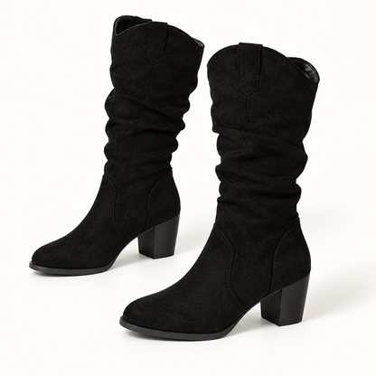 Black studio view of Women's Suede-Look Chunky Knee-High Boots