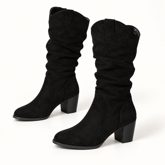 Black studio view of Women's Suede-Look Chunky Knee-High Boots