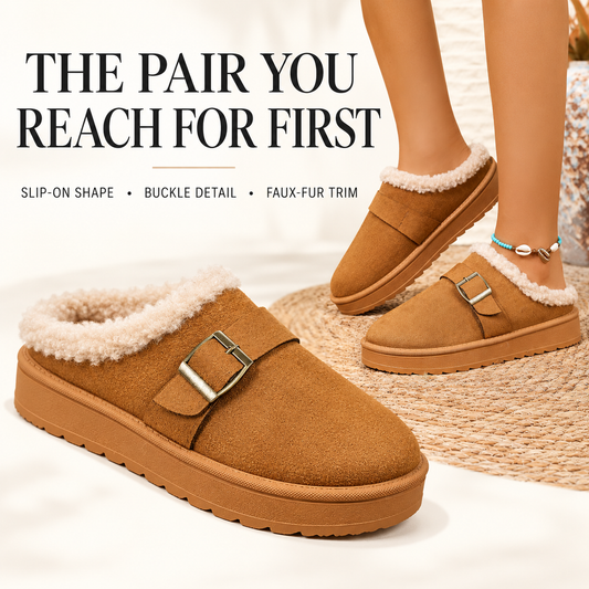 Camel buckle clog slipper with slip-on shape, buckle detail and faux-fur trim