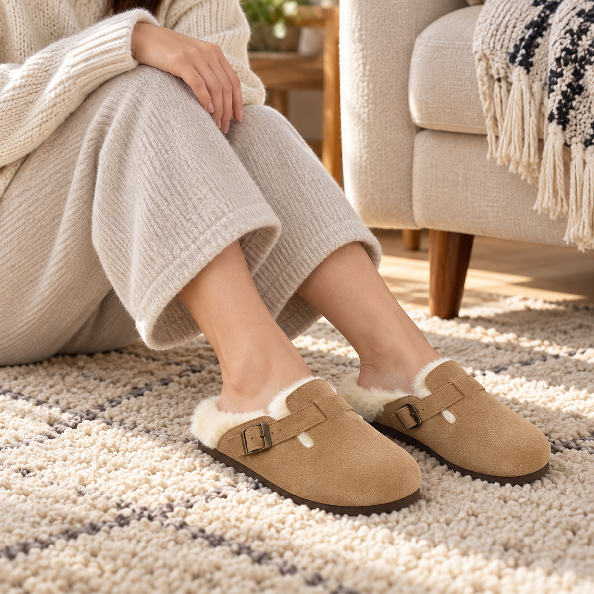Apricot lifestyle view of Women's Faux-Fur-Trim Buckle Clog Slippers