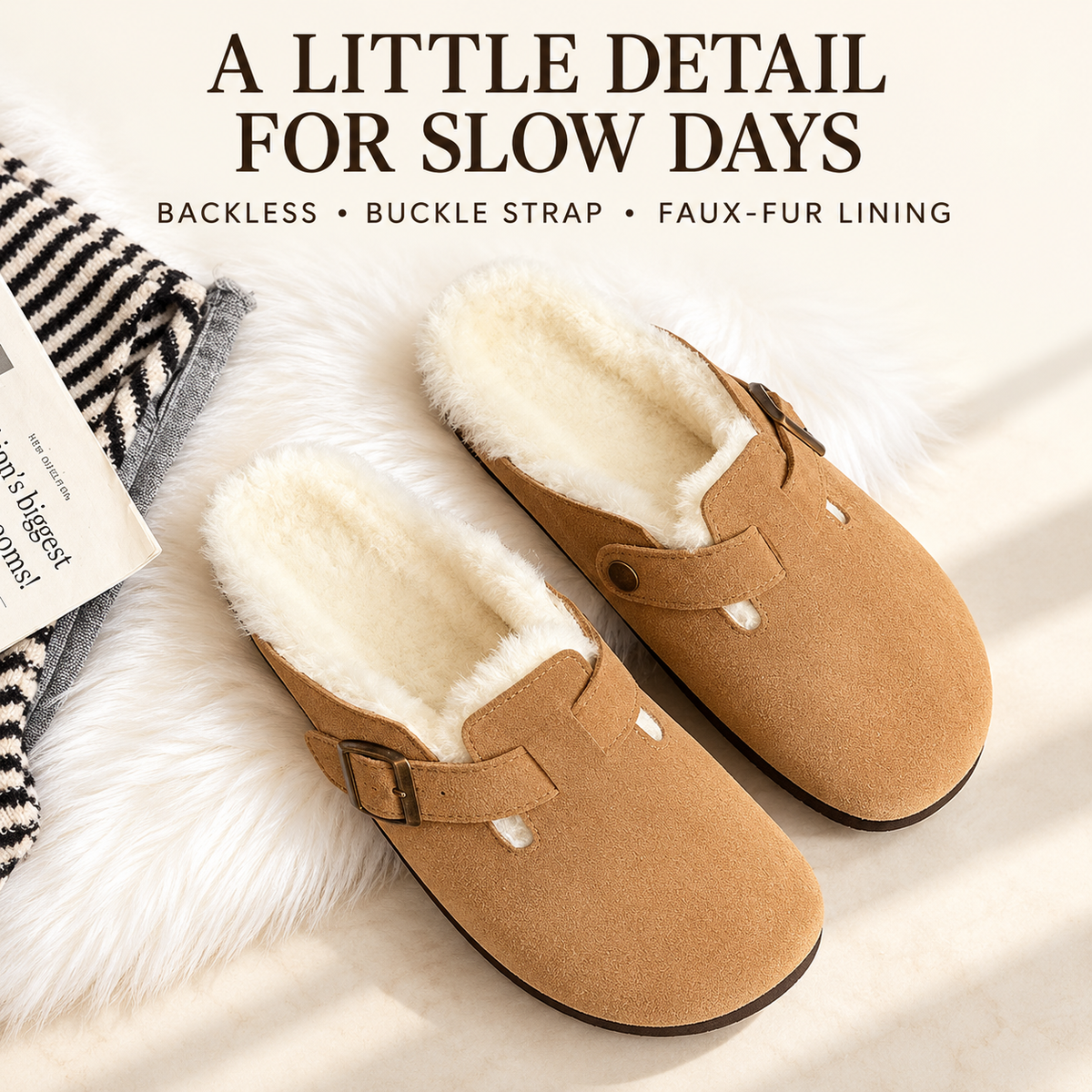 Feature view of Women's Faux-Fur-Trim Buckle Clog Slippers