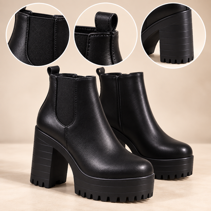 Women's high block-heel platform ankle boot feature details