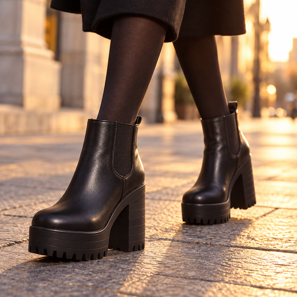 Women's black high block-heel platform ankle boots worn in the city