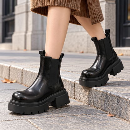 Women's black chunky platform Chelsea boots worn outdoors