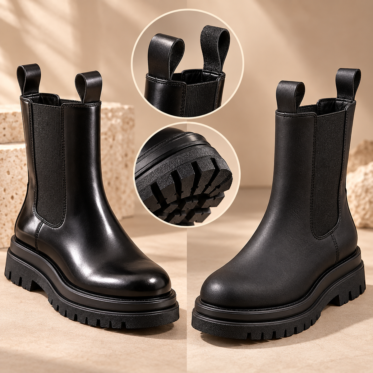 Women's mid-calf Chelsea boots finish and lug sole details