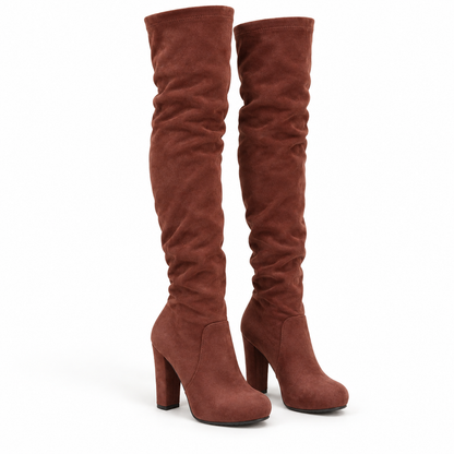 Women's heeled over-the-knee boots in Brown, clear product view