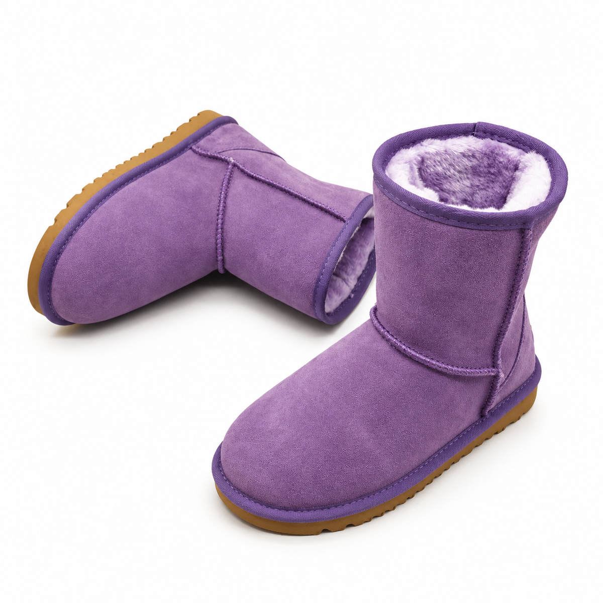 Women's faux-fur-trim short winter boots in Fantasy Purple, clear product view