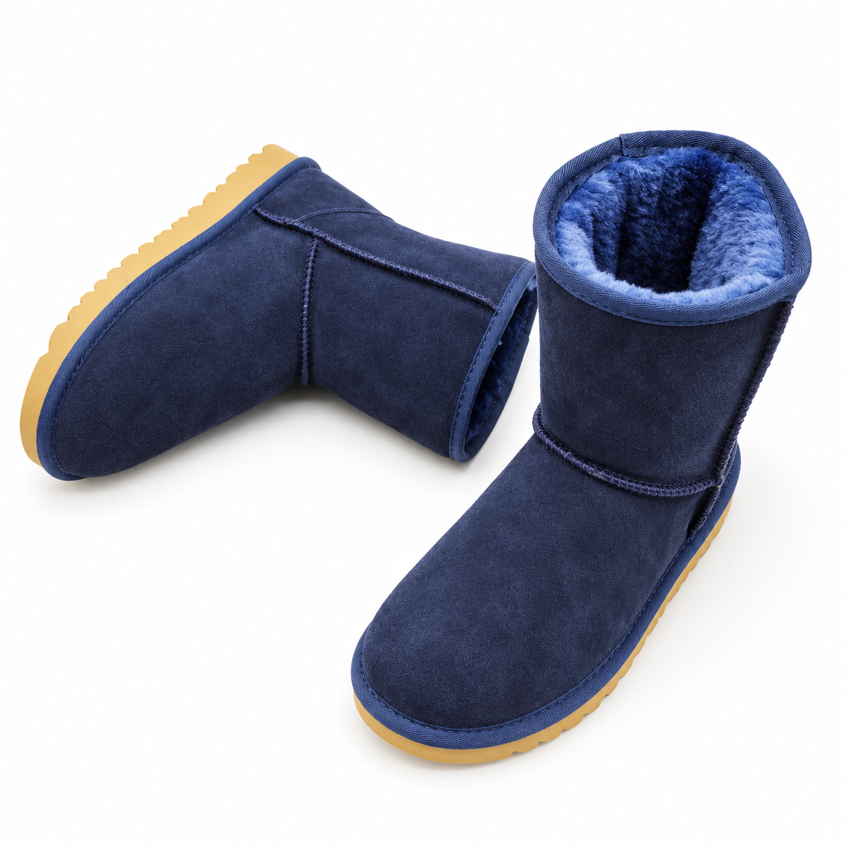 Women's faux-fur-trim short winter boots in Navy Blue, clear product view
