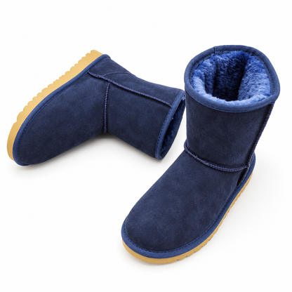Women's faux-fur-trim short winter boots in Navy Blue, clear product view