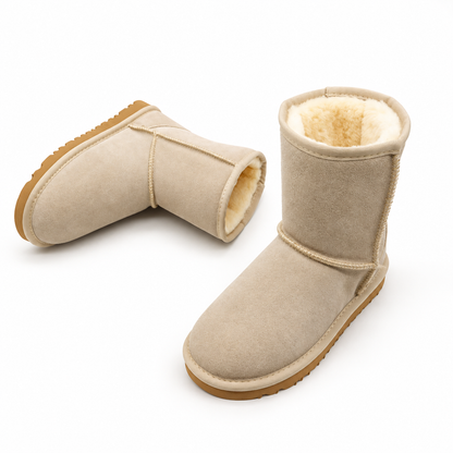 Women's faux-fur-trim short winter boots in White Sand, clear product view
