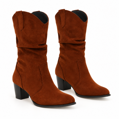 Women's suede-look slouchy mid-calf boots in Yellow Brown, clear product view