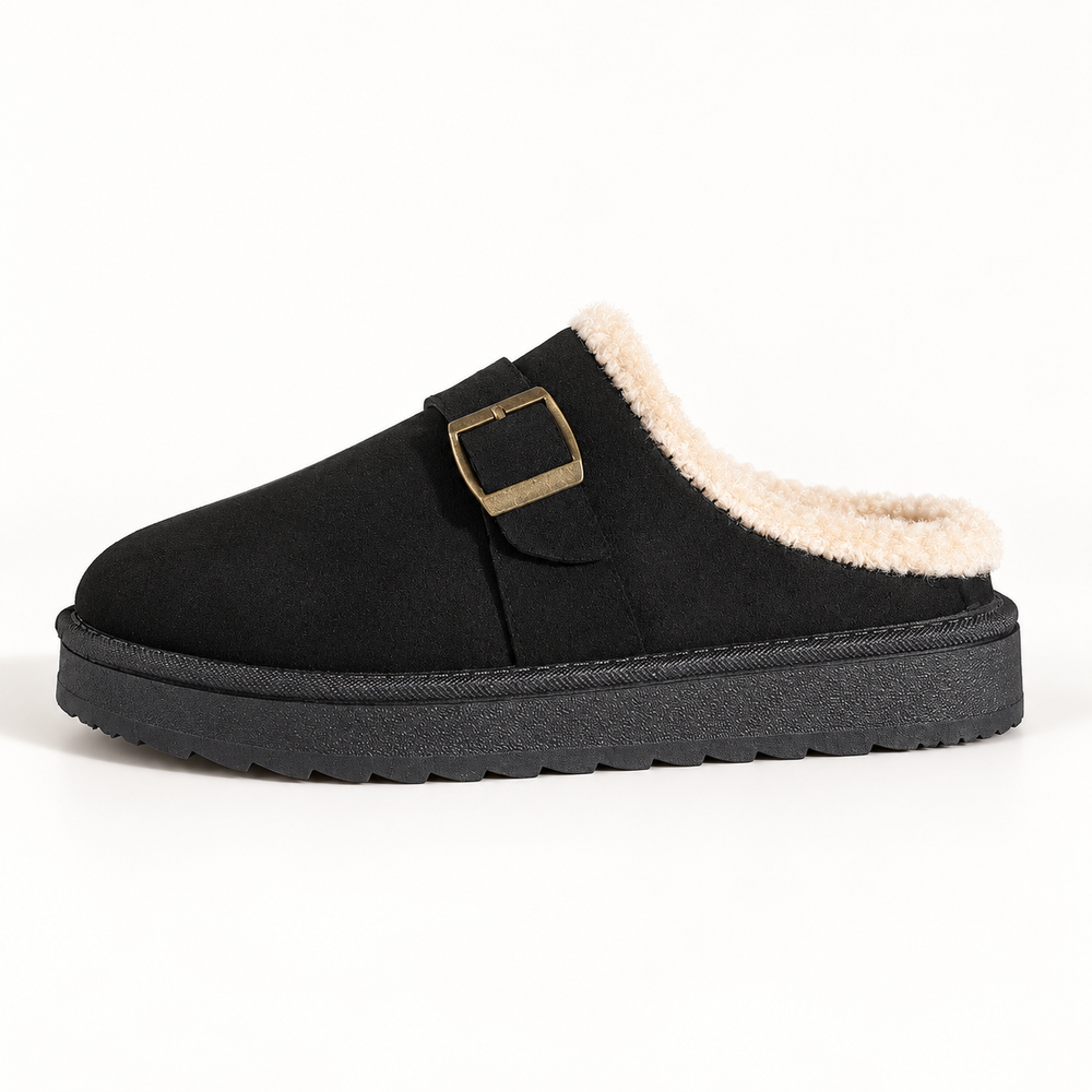 Women's suede-look buckle clog slippers in black, clear studio view
